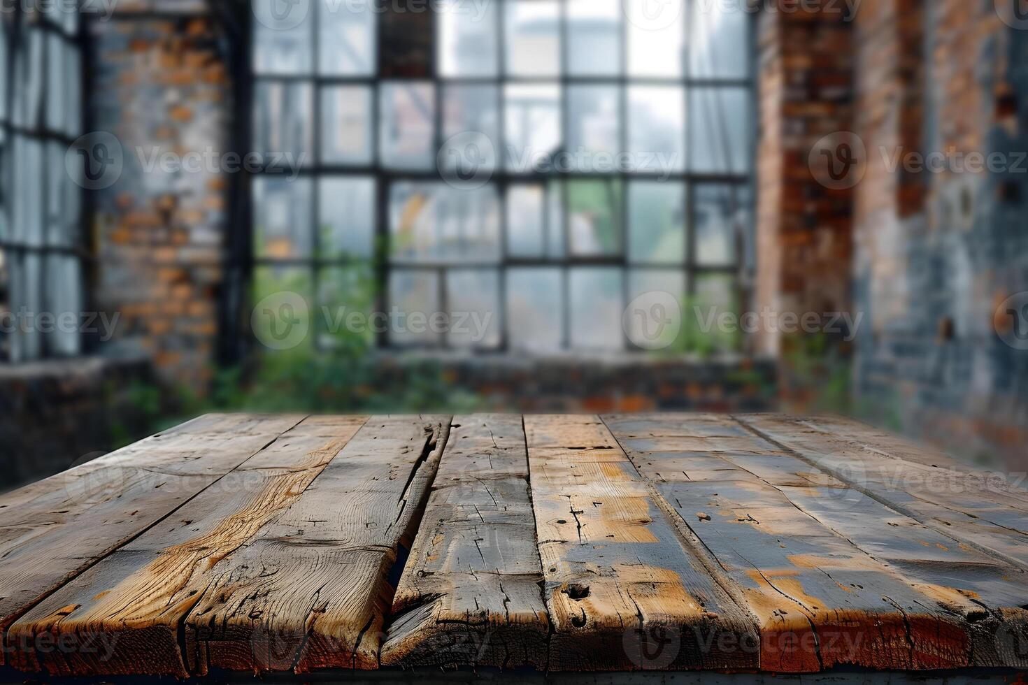AI generated Foreground Wooden Table, Background of Blurry Factory photo