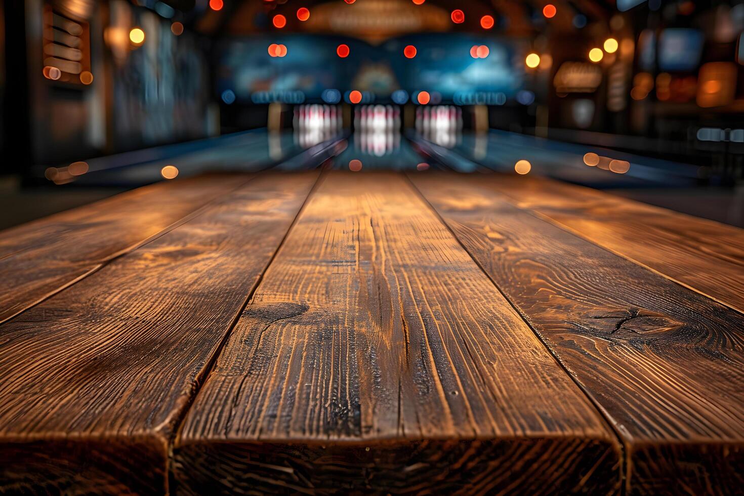 AI generated Empty Wooden Tabletop with Blurry Bowling Alley Background photo