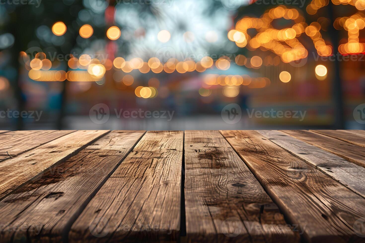 AI generated Empty Table with Blurry Amusement Park in Background photo