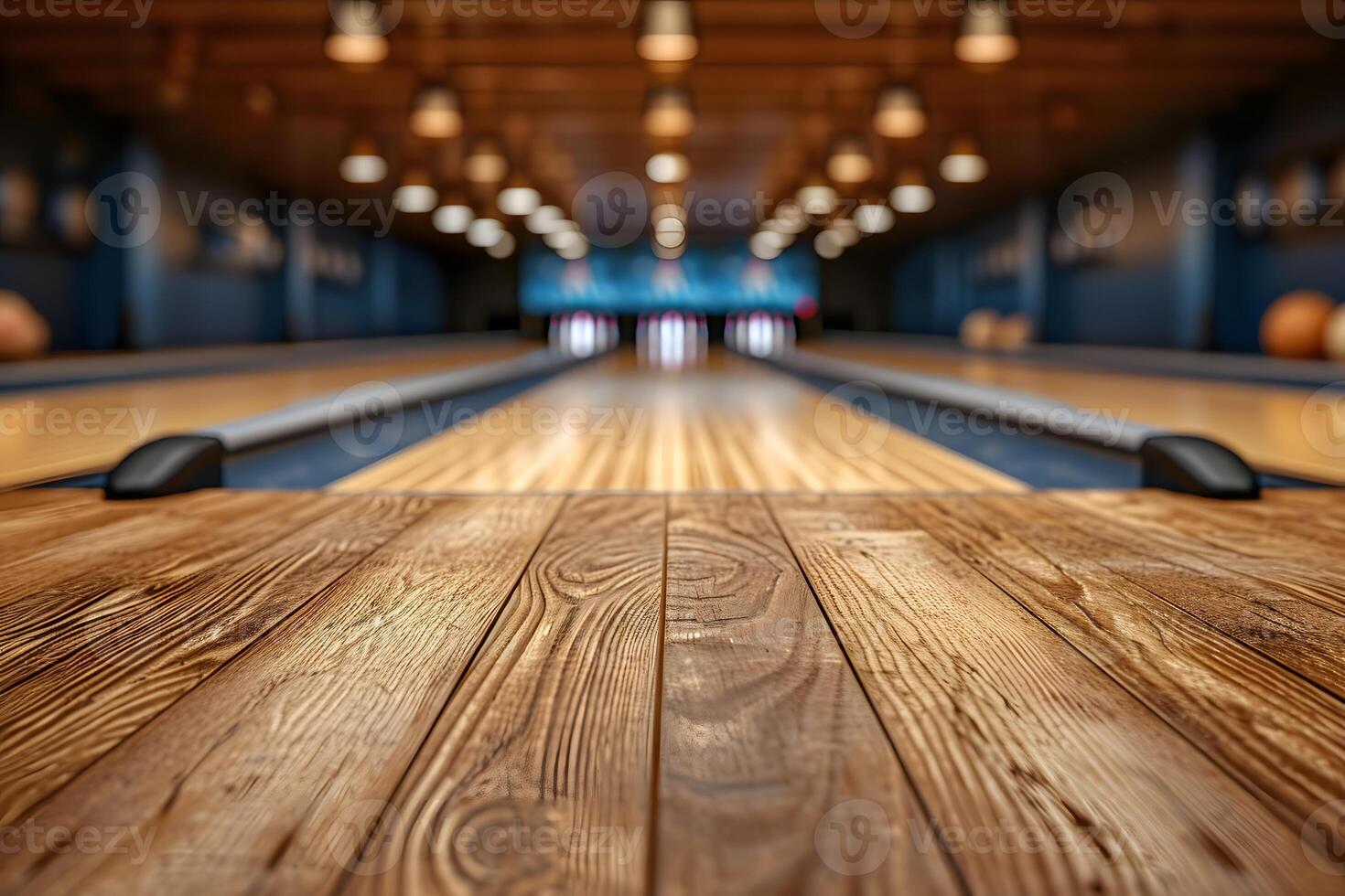 AI generated Foreground Wooden Table, Blurred Bowling Alley Atmosphere Background photo