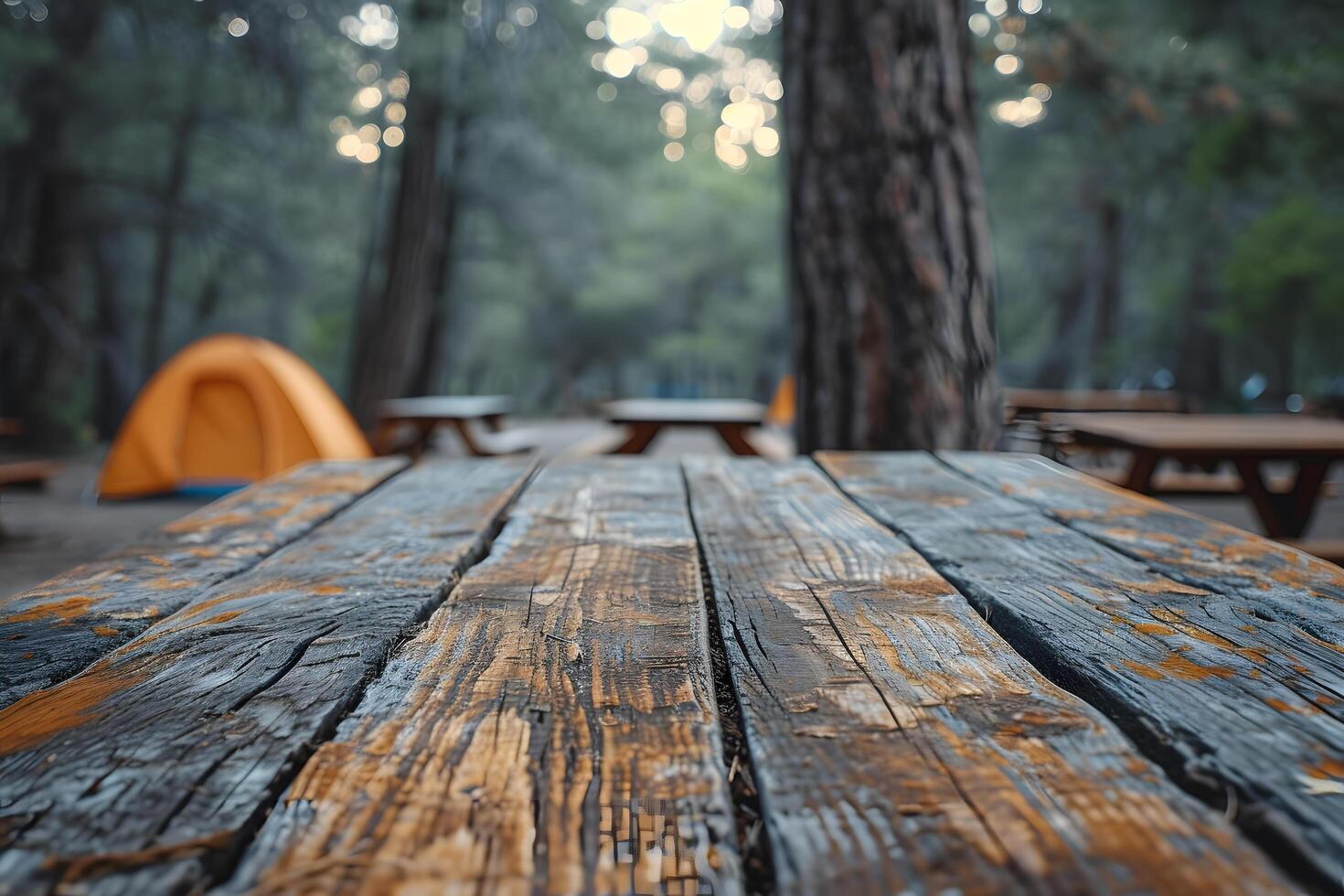 AI generated Empty Wooden Tabletop with Blurry Campsite Background photo