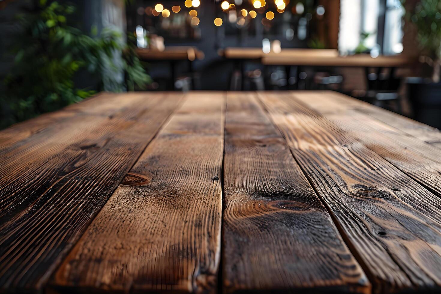 AI generated Empty Wooden Tabletop with Blurry Cafe Interior Background photo