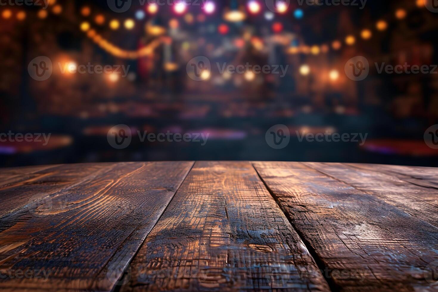 AI generated Empty Table with Blurry Comedy Club View in the Background photo