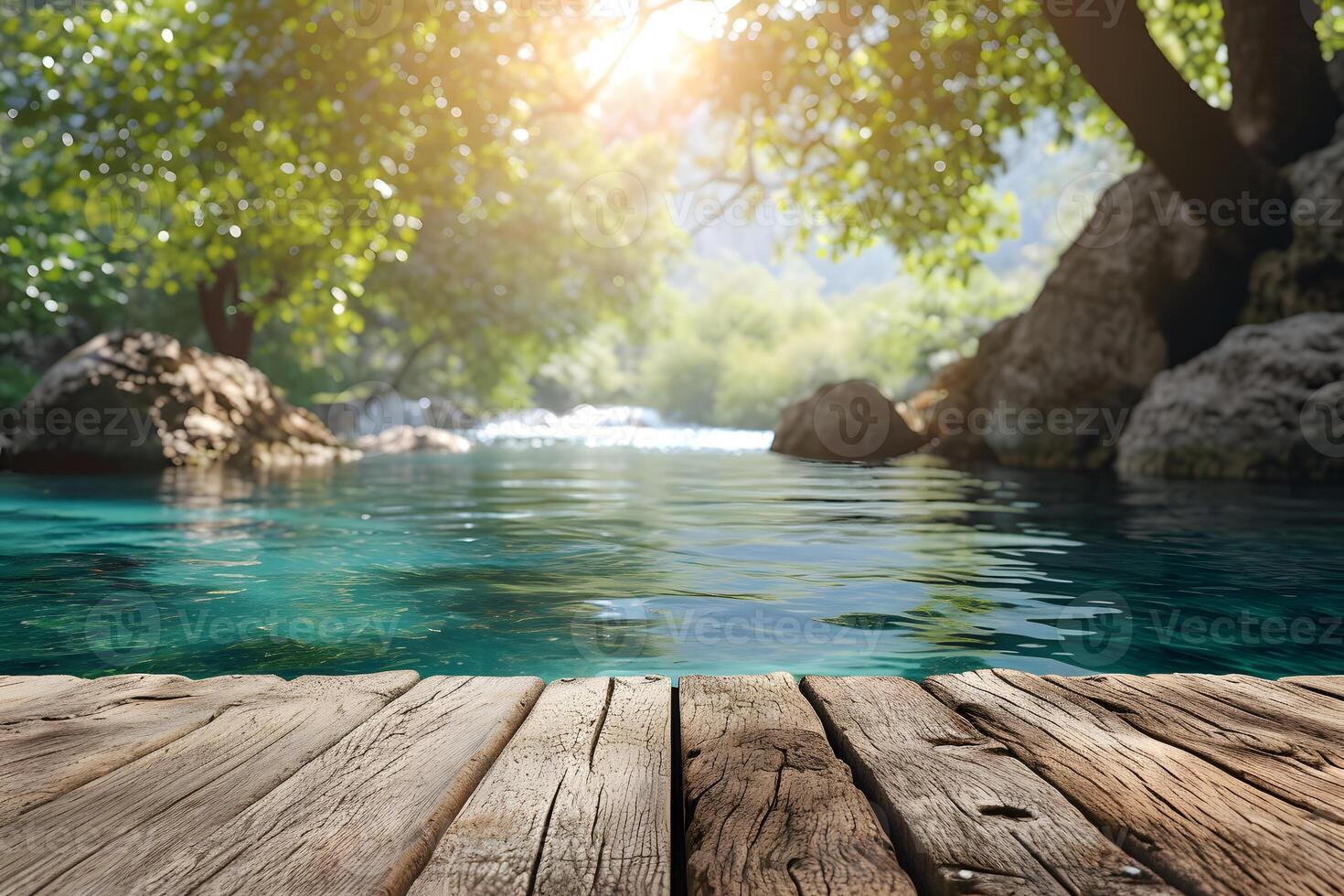 AI generated Foreground Wooden Table, Blurry Beautiful Crystal Lagoon Paradise Background photo