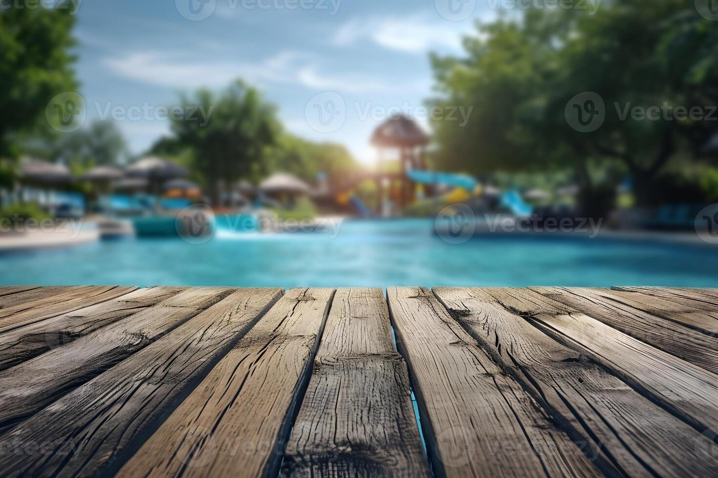 AI generated Foreground Wooden Table, Blurry water park background photo