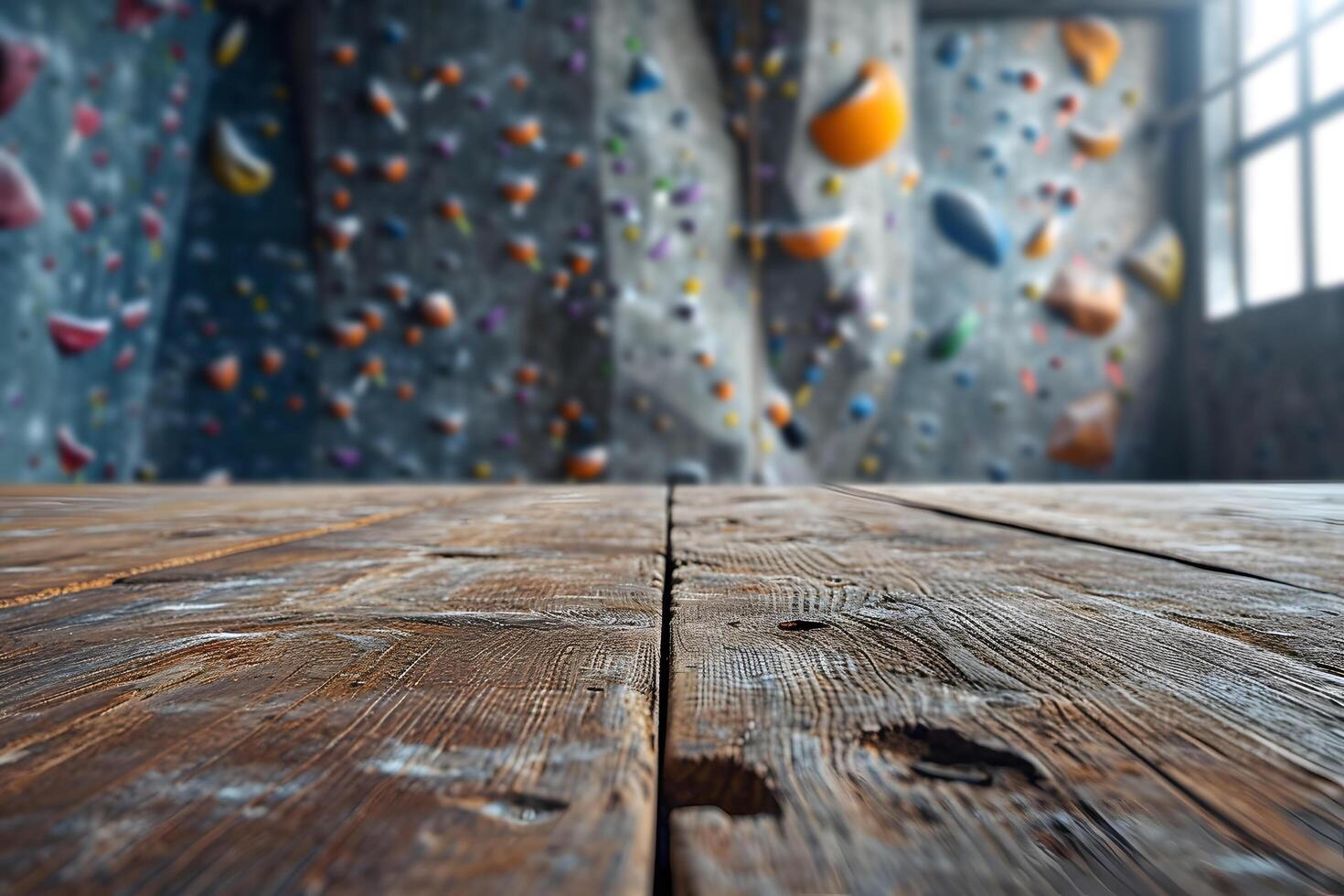 AI generated Foreground Wooden Table, Blurred Rock Climbing Scene, Active Lifestyle Advertising photo