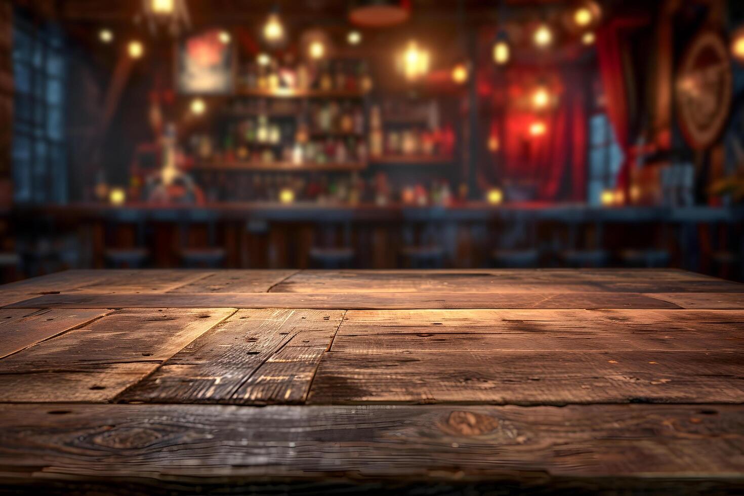 AI generated Foreground Wooden Table, Blur of a Comedy Club Setting Background, Laughter Haven photo