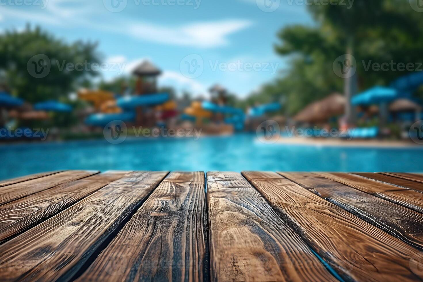 AI generated Wooden Plank Boardwalk Foreground, Background of Blurry water park Aquatic Delight photo