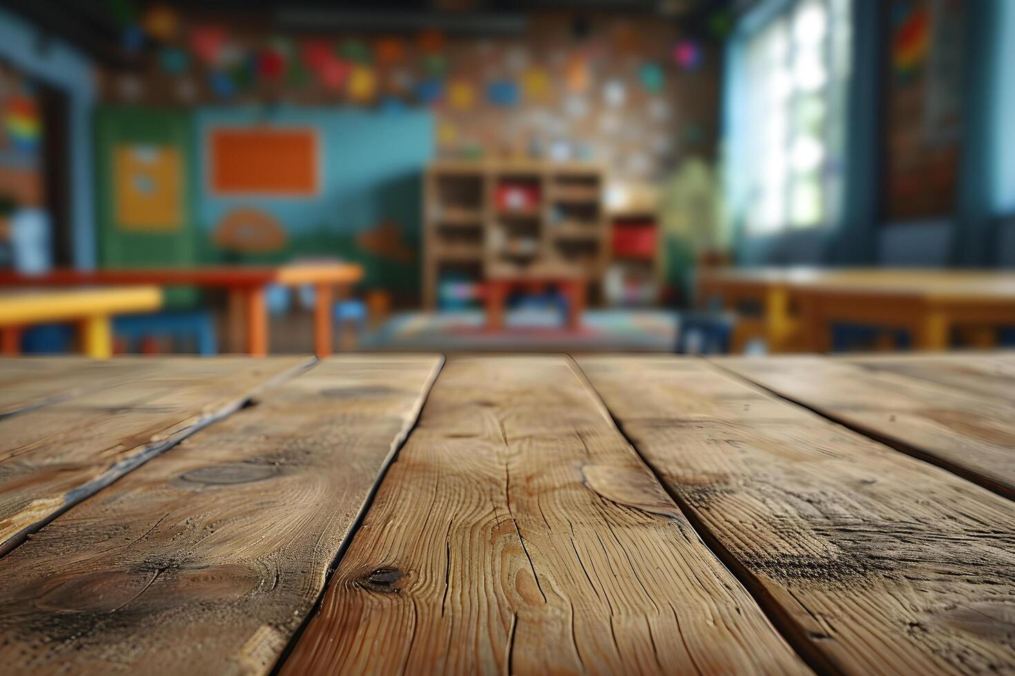AI generated Empty Wooden Tabletop with Blurry Daycare Room Interior Background photo