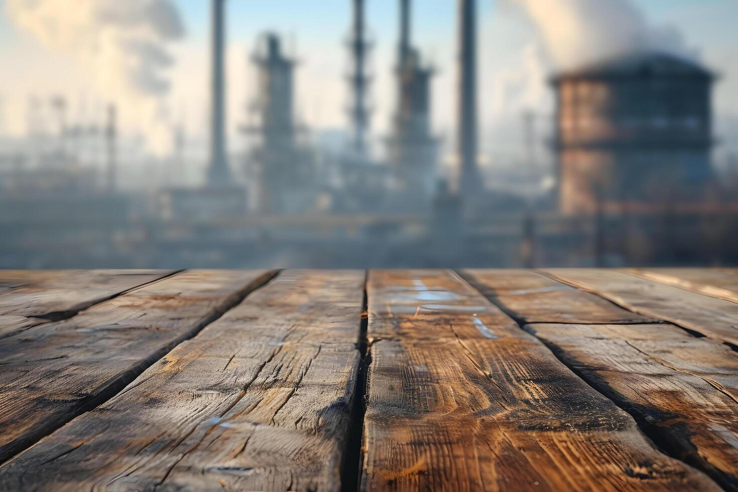 AI generated Wooden Tabletop Foreground, Blurred Power Plants Facility, Urban Industrial photo
