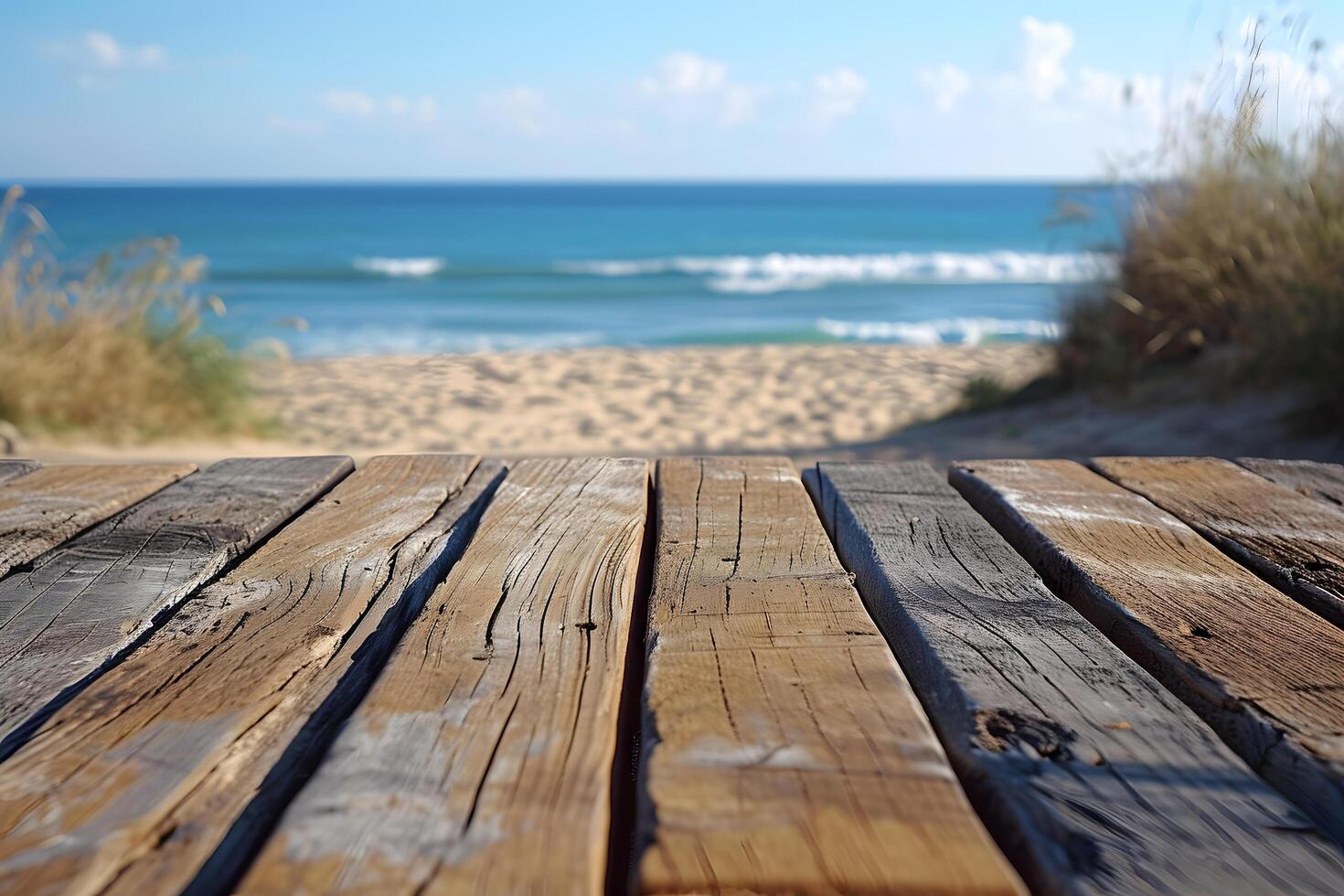 ai generado paseo marítimo de madera camino primer plano, borroso playa antecedentes foto