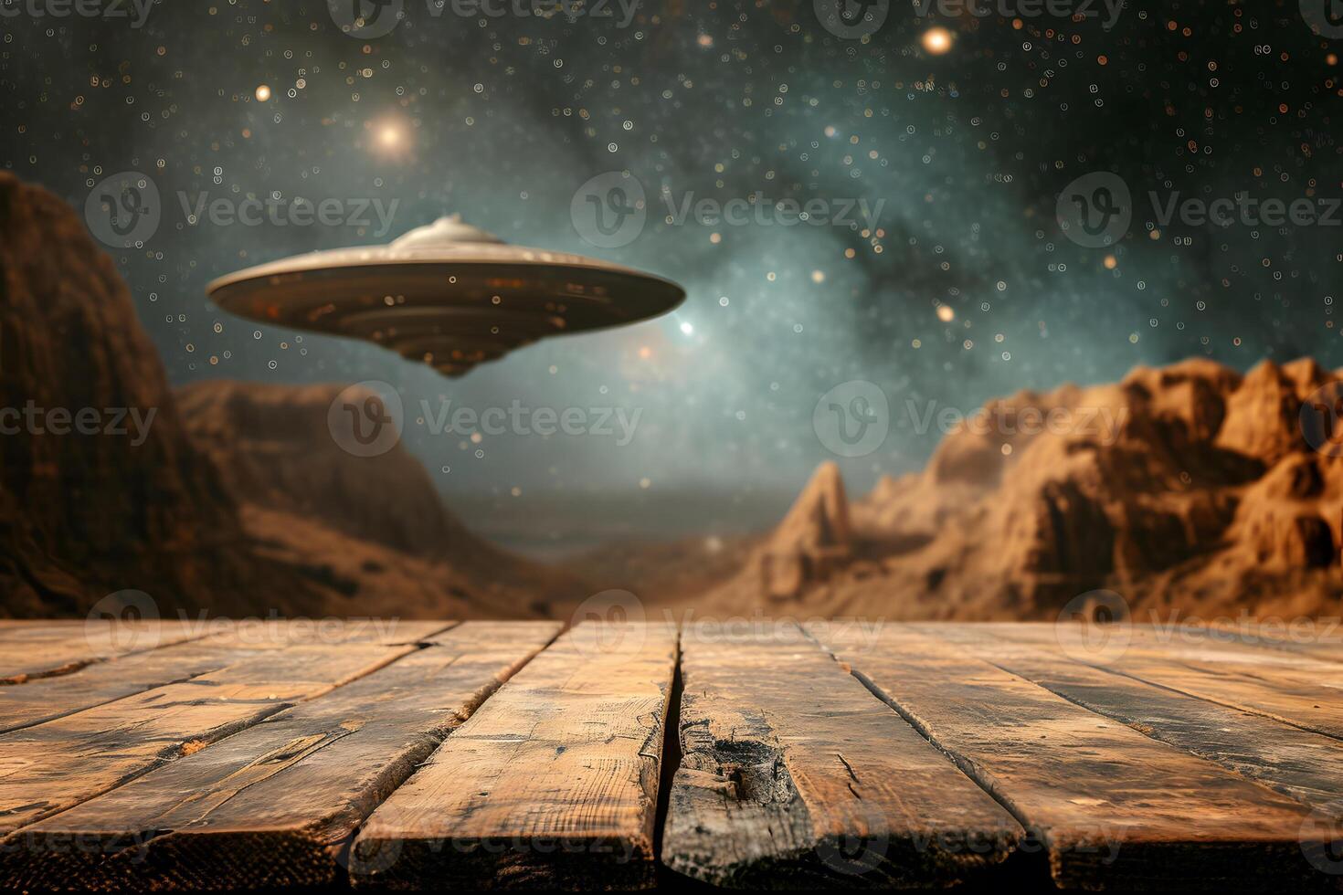 AI generated Empty Table with UFO Blur in the Background photo