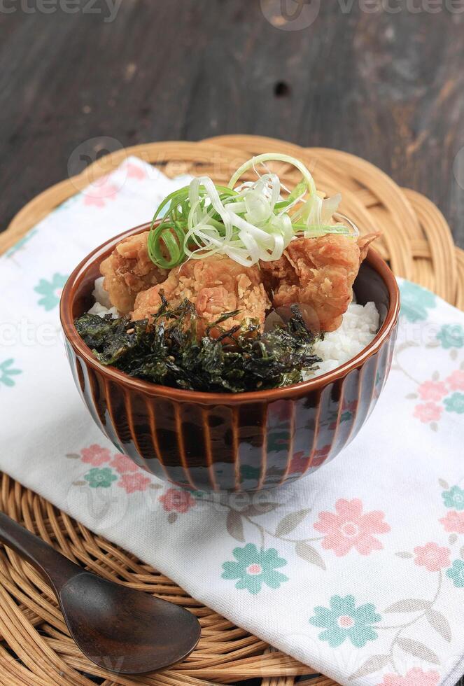 Japanese Style Crispy Fried Chicken or Tori Karaage with Steamed Rice photo