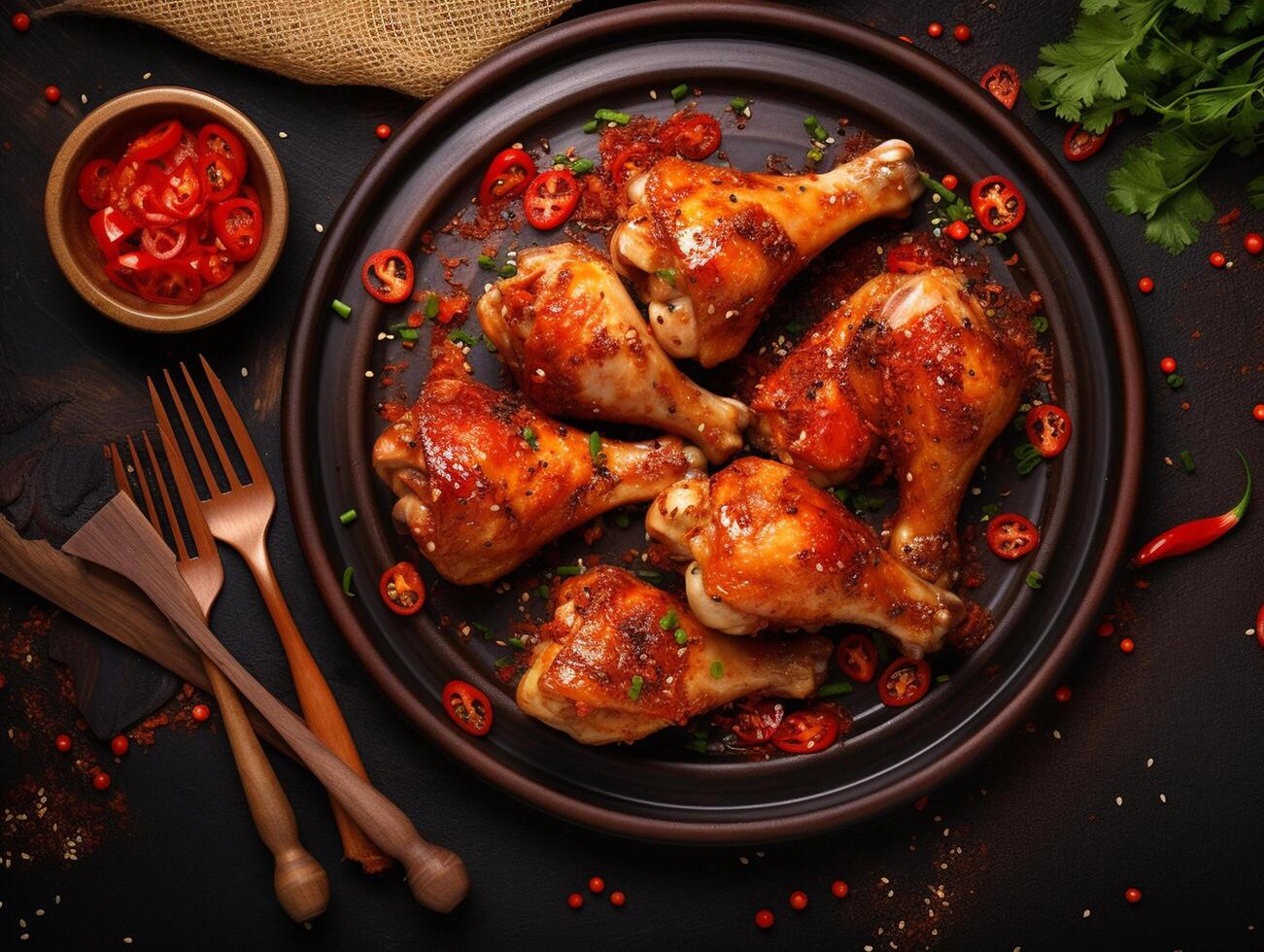 AI generated Grilled chicken drumsticks or legs or roasted bbq with spices and tomato salsa sauce on a black plate. top view with copy photo