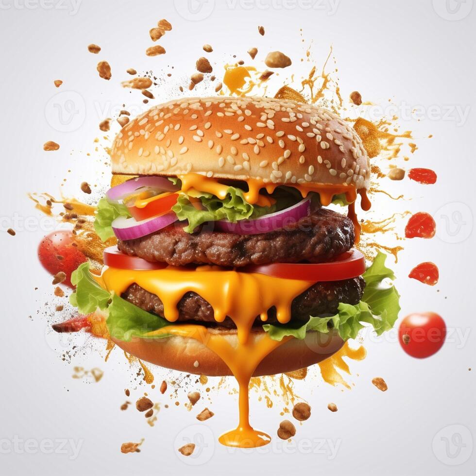 AI generated Food for fast food in form of delicious hot homemade burger with meat cutlet and vegetables photo