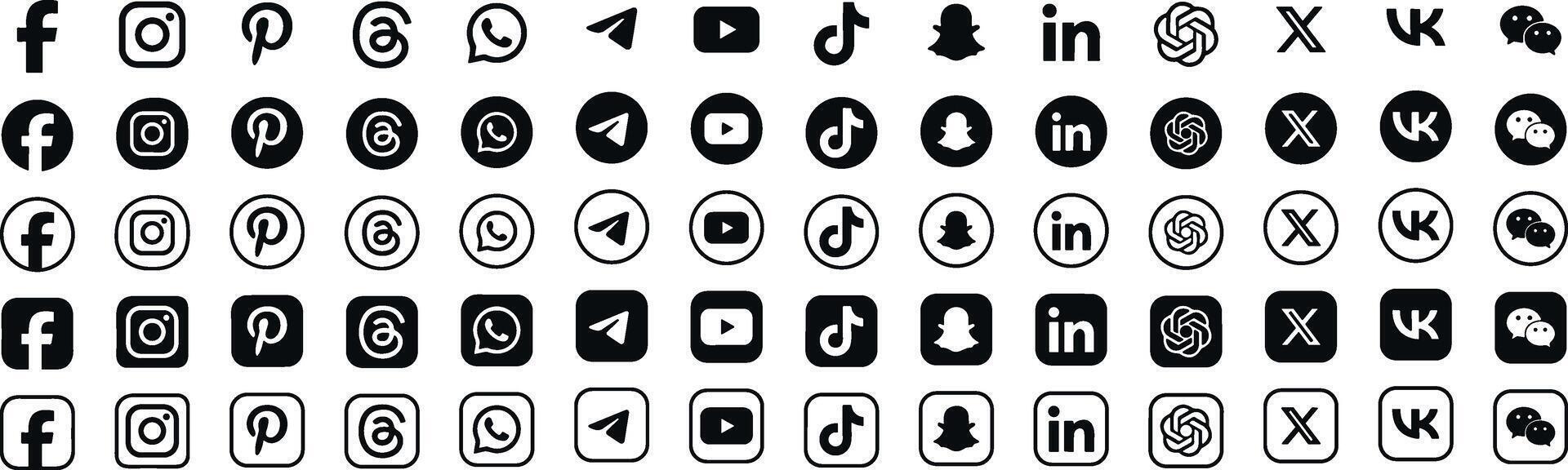 All social media icons button. social media logo , facebook, instagram, x, threads, youtube, whatsapp, snapchat, tiktok, threads, chatgpt, icon - social network contact us icon set. vector
