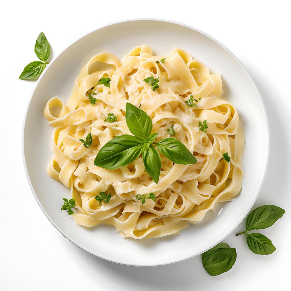 AI generated Top view fettucine with alfredo sauce on white background photo