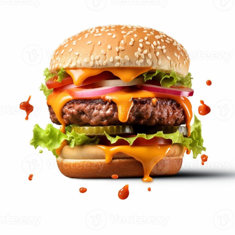 ai generado comida para rápido comida en formar de delicioso caliente hecho en casa hamburguesa con carne chuleta y vegetales foto