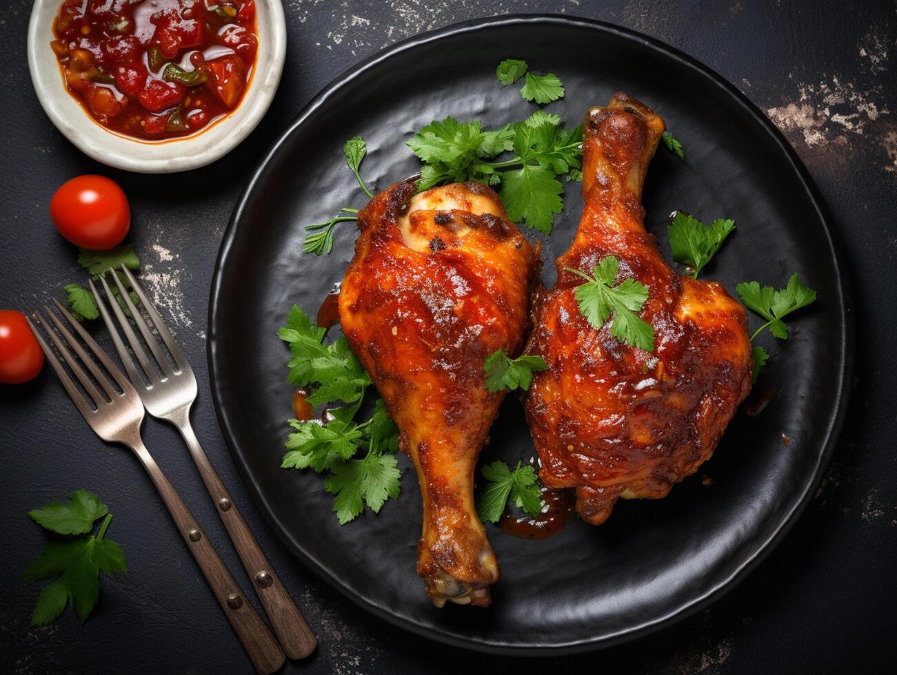 AI generated Grilled chicken drumsticks or legs or roasted bbq with spices and tomato salsa sauce on a black plate. top view with copy photo