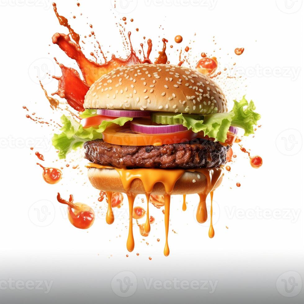 AI generated Food for fast food in form of delicious hot homemade burger with meat cutlet and vegetables photo