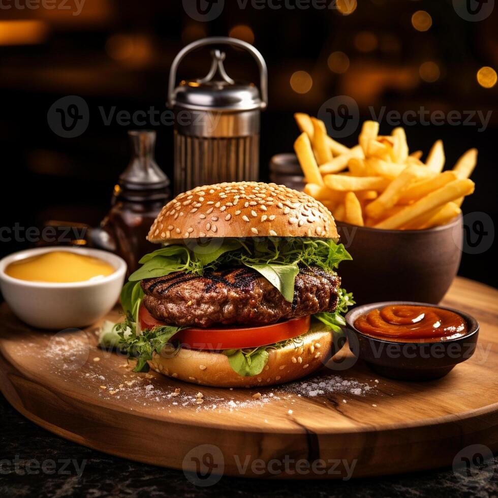 AI generated Food for fast food in form of delicious hot homemade burger with meat cutlet and vegetables photo