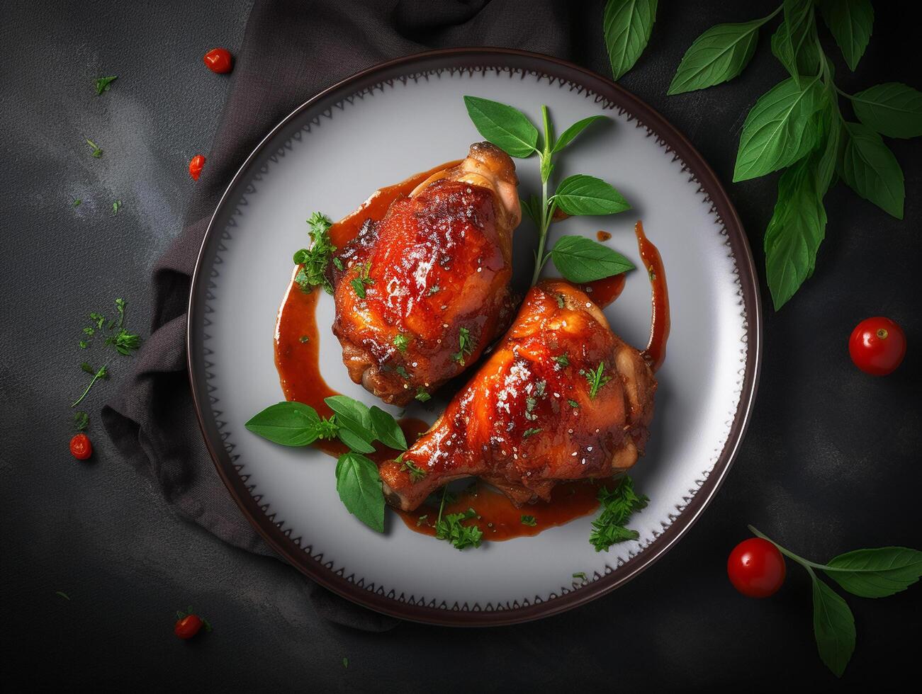 AI generated Grilled chicken drumsticks or legs or roasted bbq with spices and tomato salsa sauce on a black plate. top view with copy photo