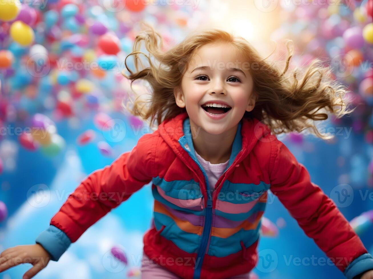 ai generado retrato de pequeño contento sonriente niña en rojo chaqueta foto