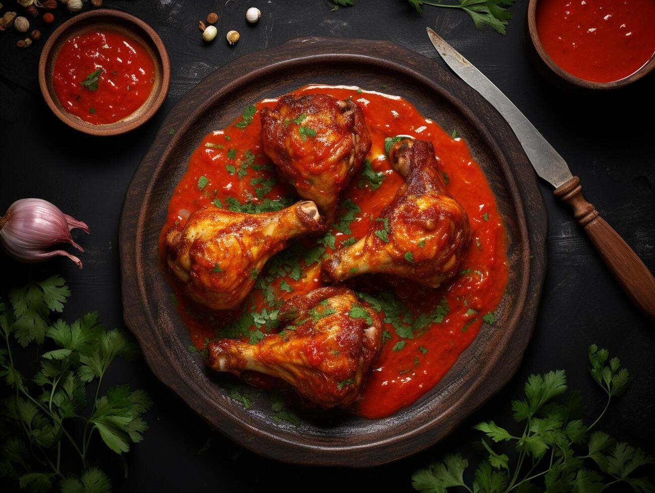 AI generated Grilled chicken drumsticks or legs or roasted bbq with spices and tomato salsa sauce on a black plate. top view with copy photo