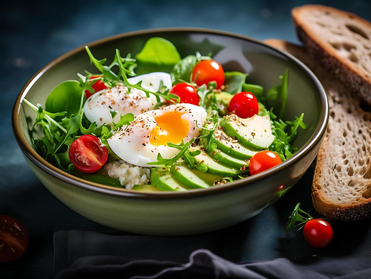 AI generated Fried egg with fresh vegetables and bread on concrete green background. photo