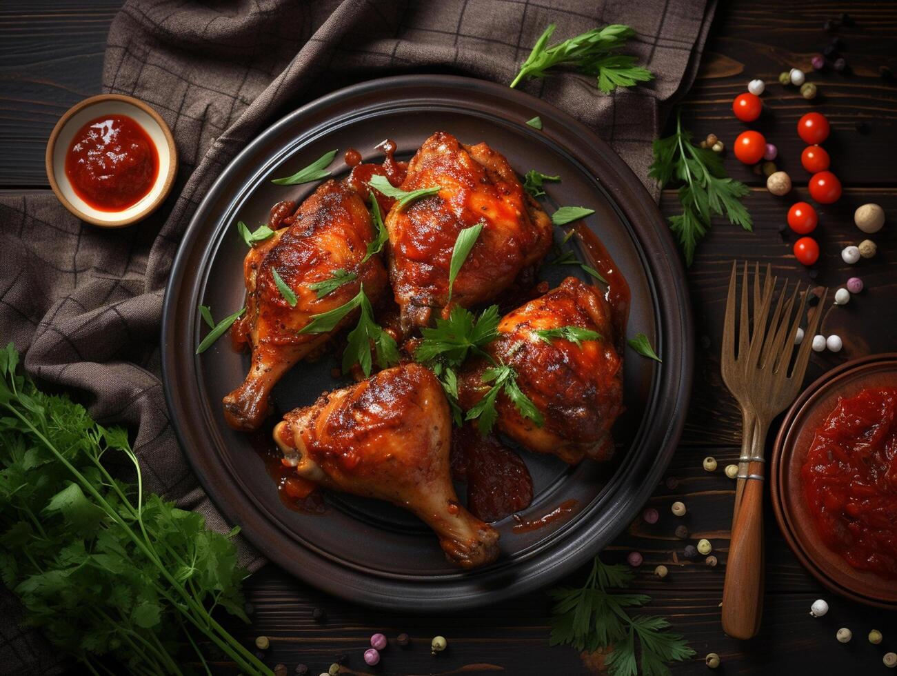 AI generated Grilled chicken drumsticks or legs or roasted bbq with spices and tomato salsa sauce on a black plate. top view with copy photo