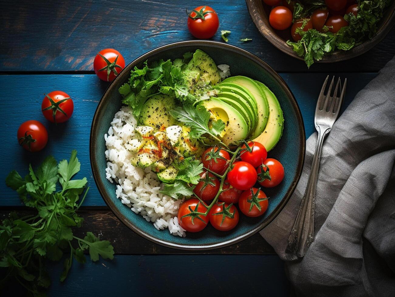 ai generado salmón dar un toque cuenco aguacate Cereza huevo y arroz en oscuro antecedentes con palillos foto