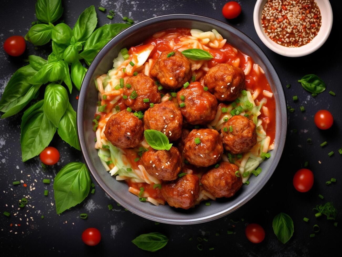 AI generated Penne pasta with meatballs in tomato sauce in a white bowl photo