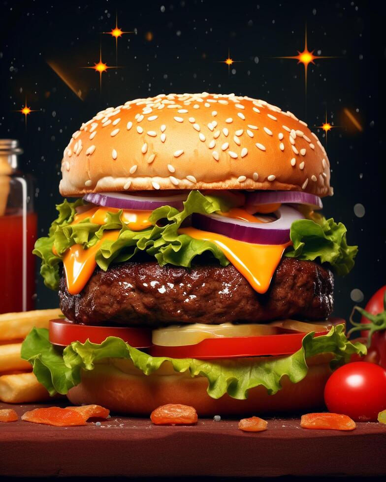 AI generated Food for fast food in form of delicious hot homemade burger with meat cutlet and vegetables photo