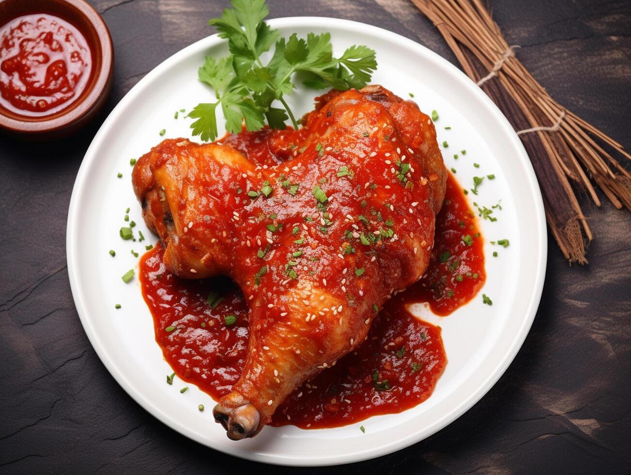 AI generated Grilled chicken drumsticks or legs or roasted bbq with spices and tomato salsa sauce on a black plate. top view with copy photo