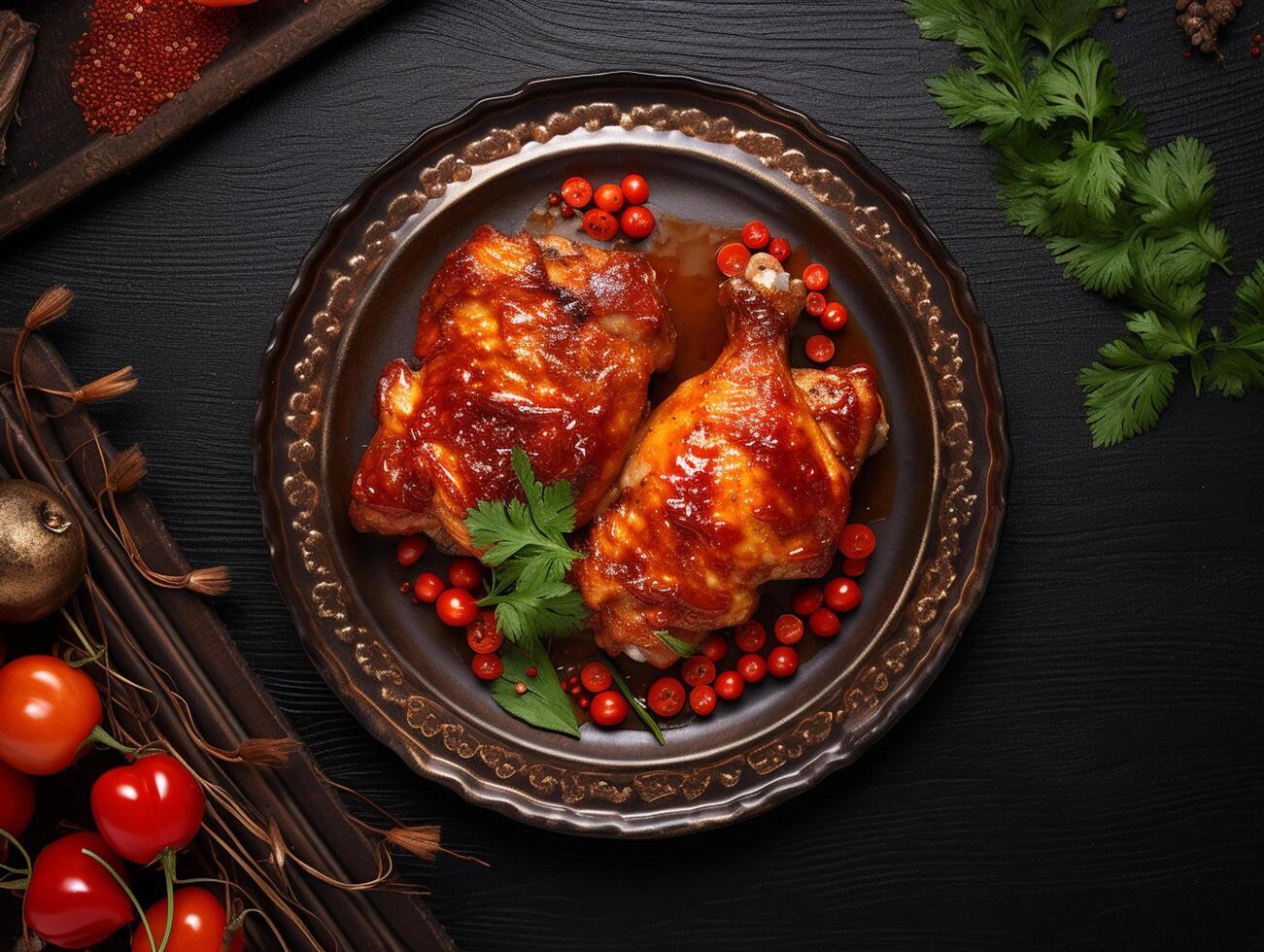 AI generated Grilled chicken drumsticks or legs or roasted bbq with spices and tomato salsa sauce on a black plate. top view with copy photo