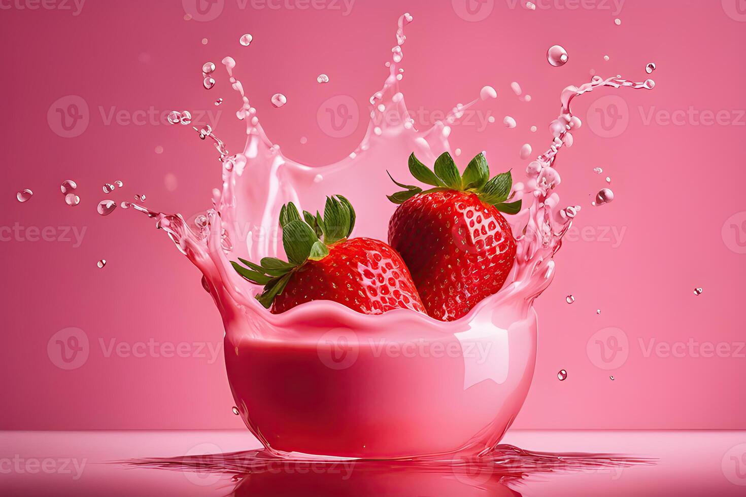 AI generated a strawberry is falling into a strawberry milk liquid, strawberry milk bath photography by AI Generative photo