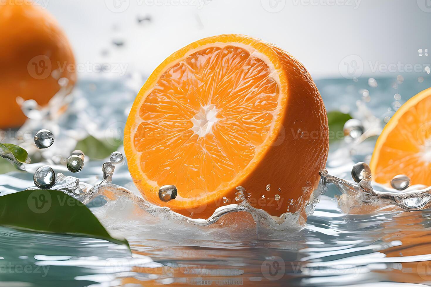 AI generated Orange with cut in half Floating in water by AI Generative photo