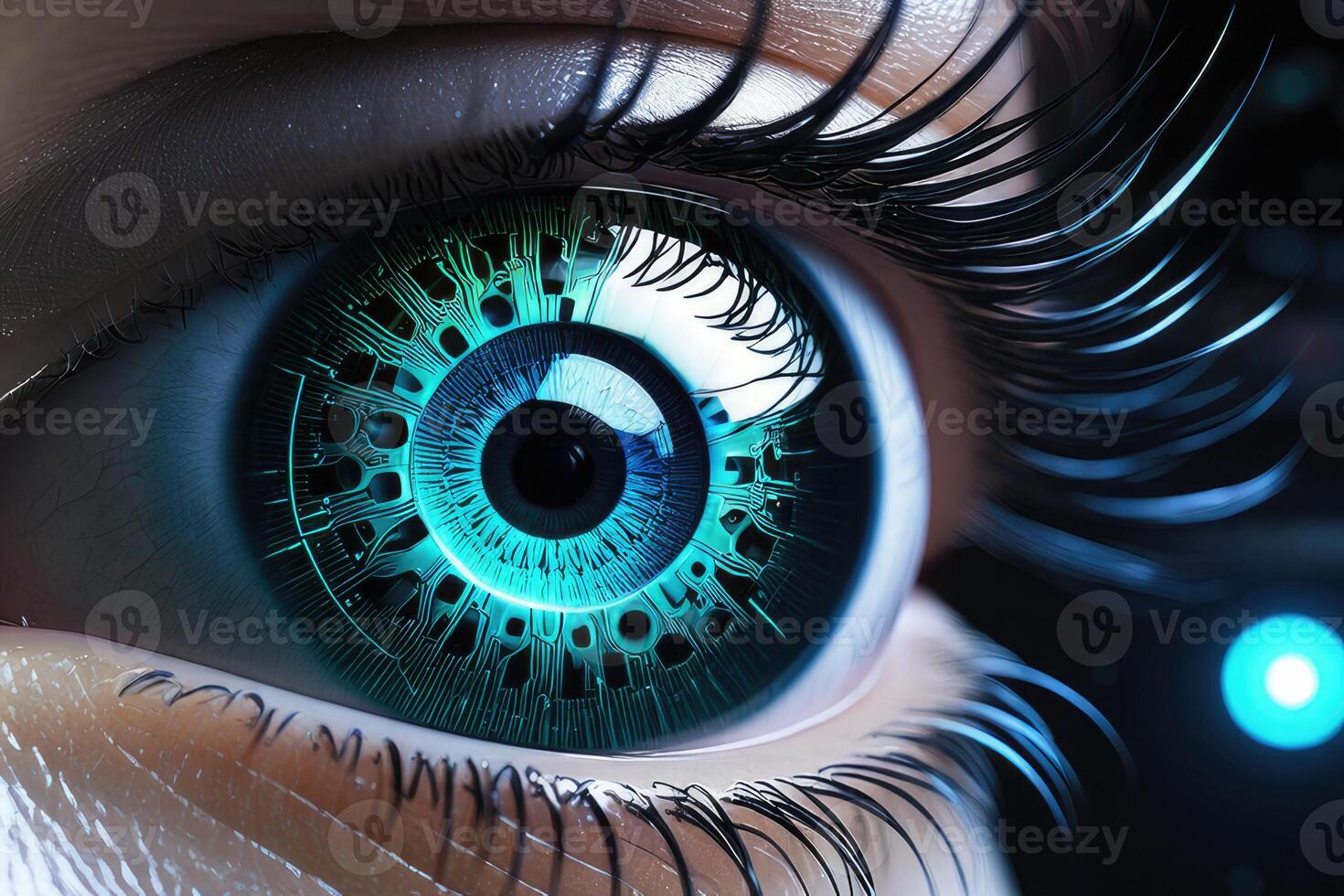 AI generated Biometric Cybernetic eye AI Artificial Intelligence scan and network by AI Generative photo