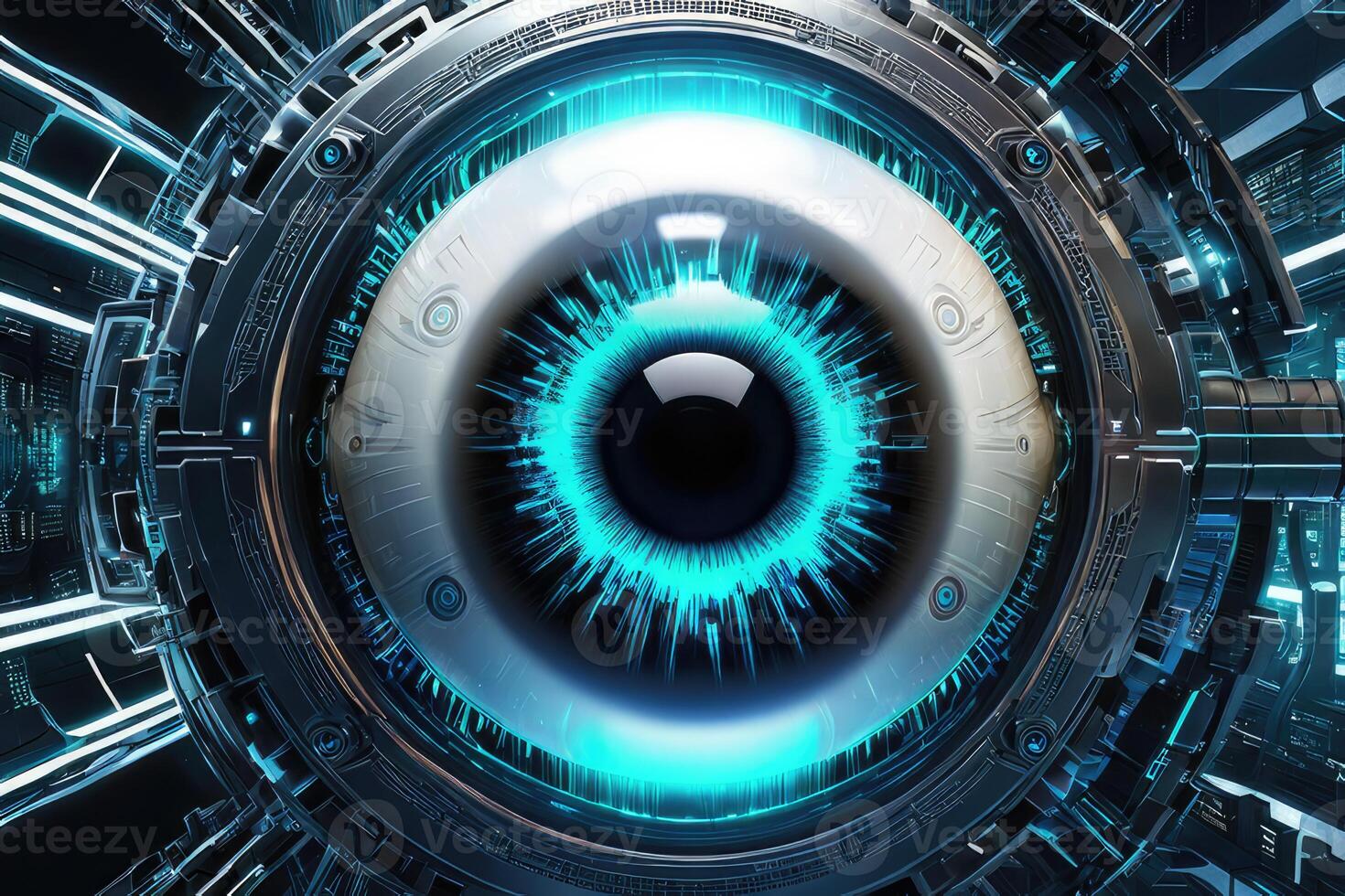 AI generated Biometric Cybernetic eye AI Artificial Intelligence scan and network by AI Generative photo