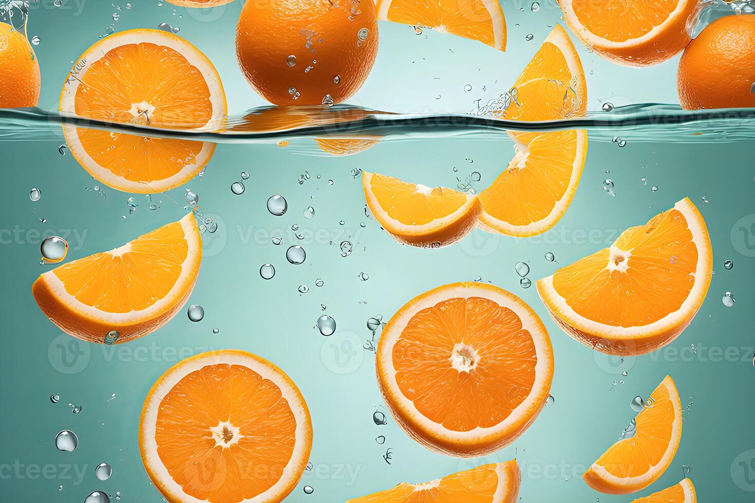 AI generated Orange with cut in half Floating in water by AI Generative photo