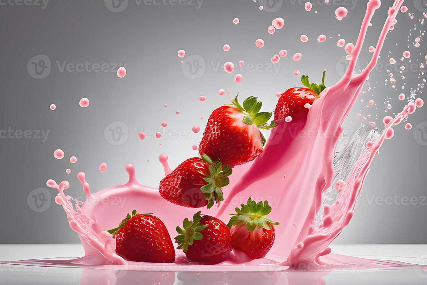 AI generated a strawberry is falling into a strawberry milk liquid, strawberry milk bath photography by AI Generative photo