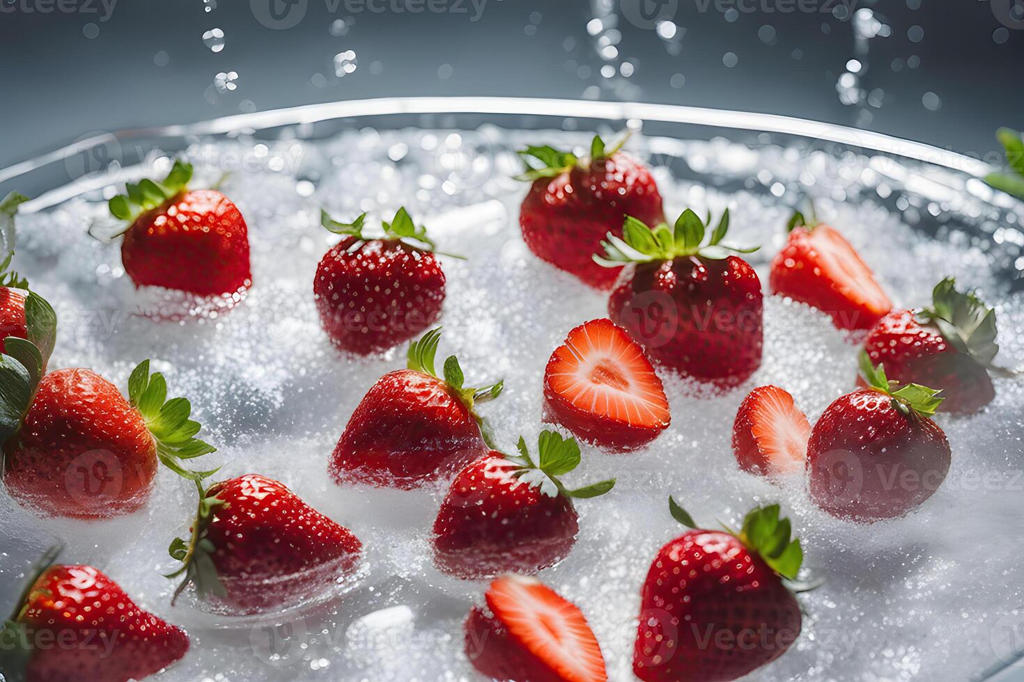 ai generado fresas flotante en espumoso agua por ai generativo foto