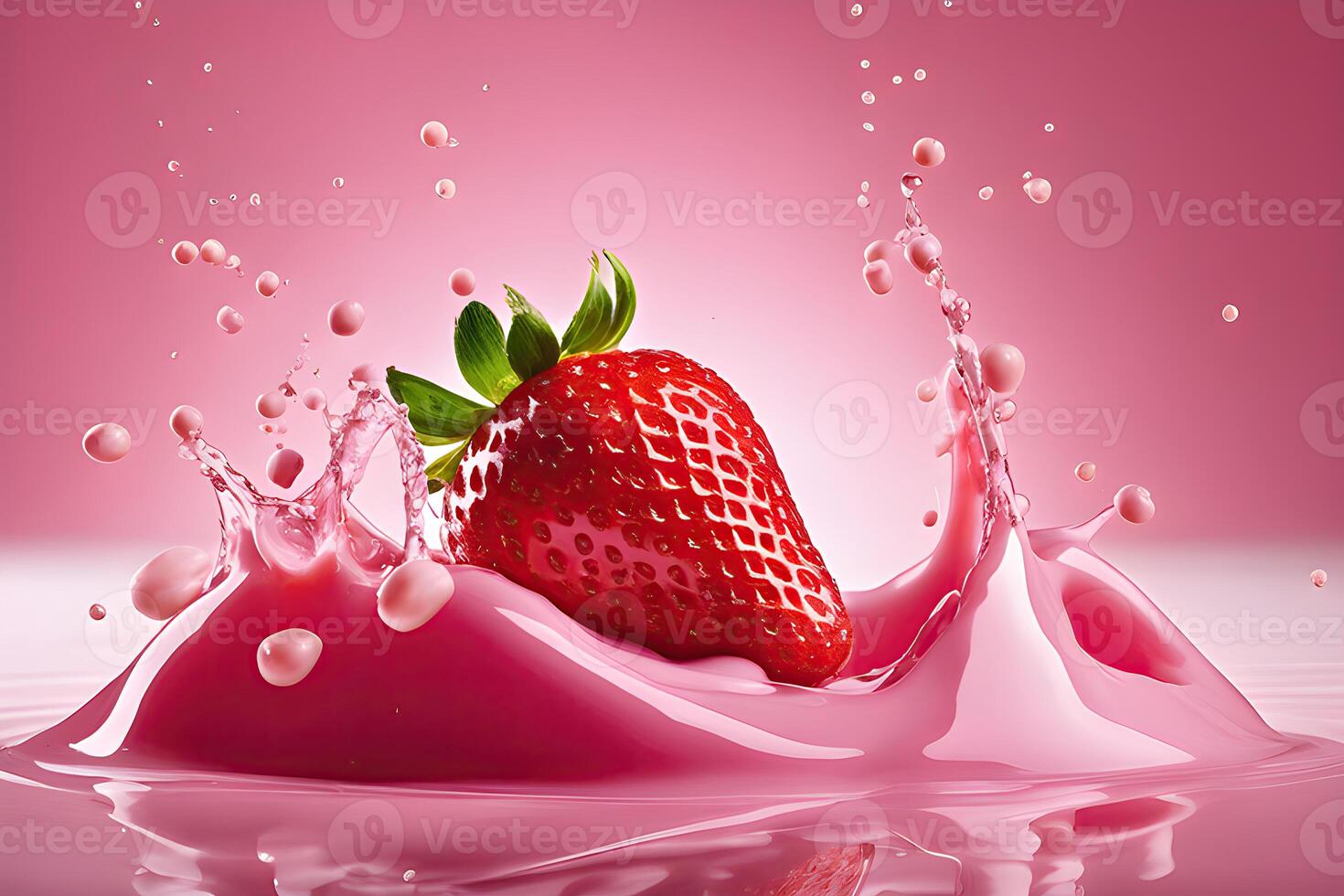 AI generated a strawberry is falling into a strawberry milk liquid, strawberry milk bath photography by AI Generative photo