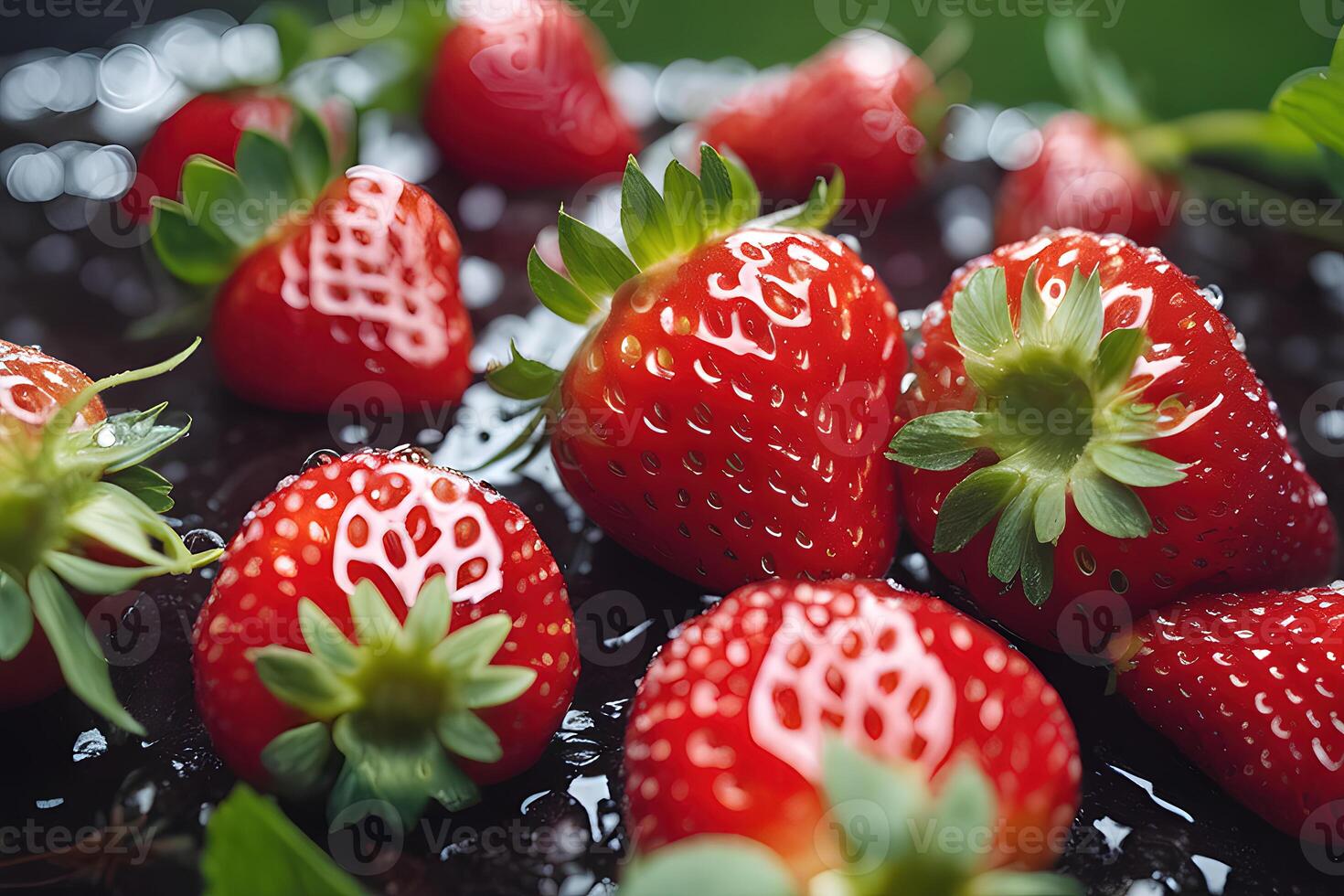 AI generated Close-up Strawberry after rain in garden by AI Generative photo