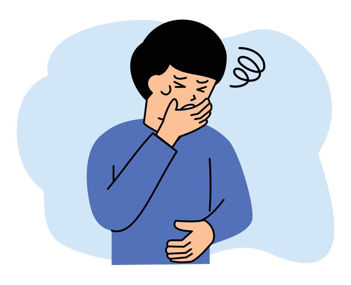 Sick man with nausea and hand holding his mouth vector