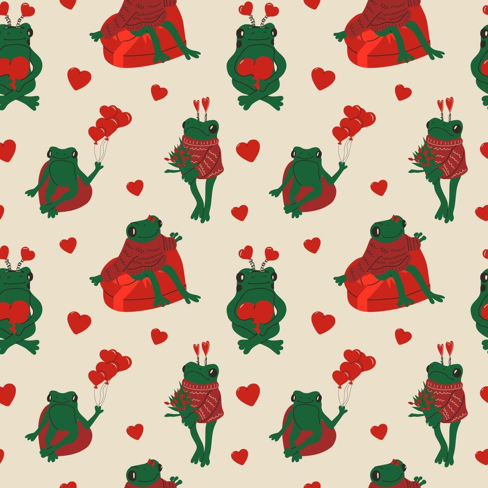 Seamless pattern with Cute frog with valentines decorations vector