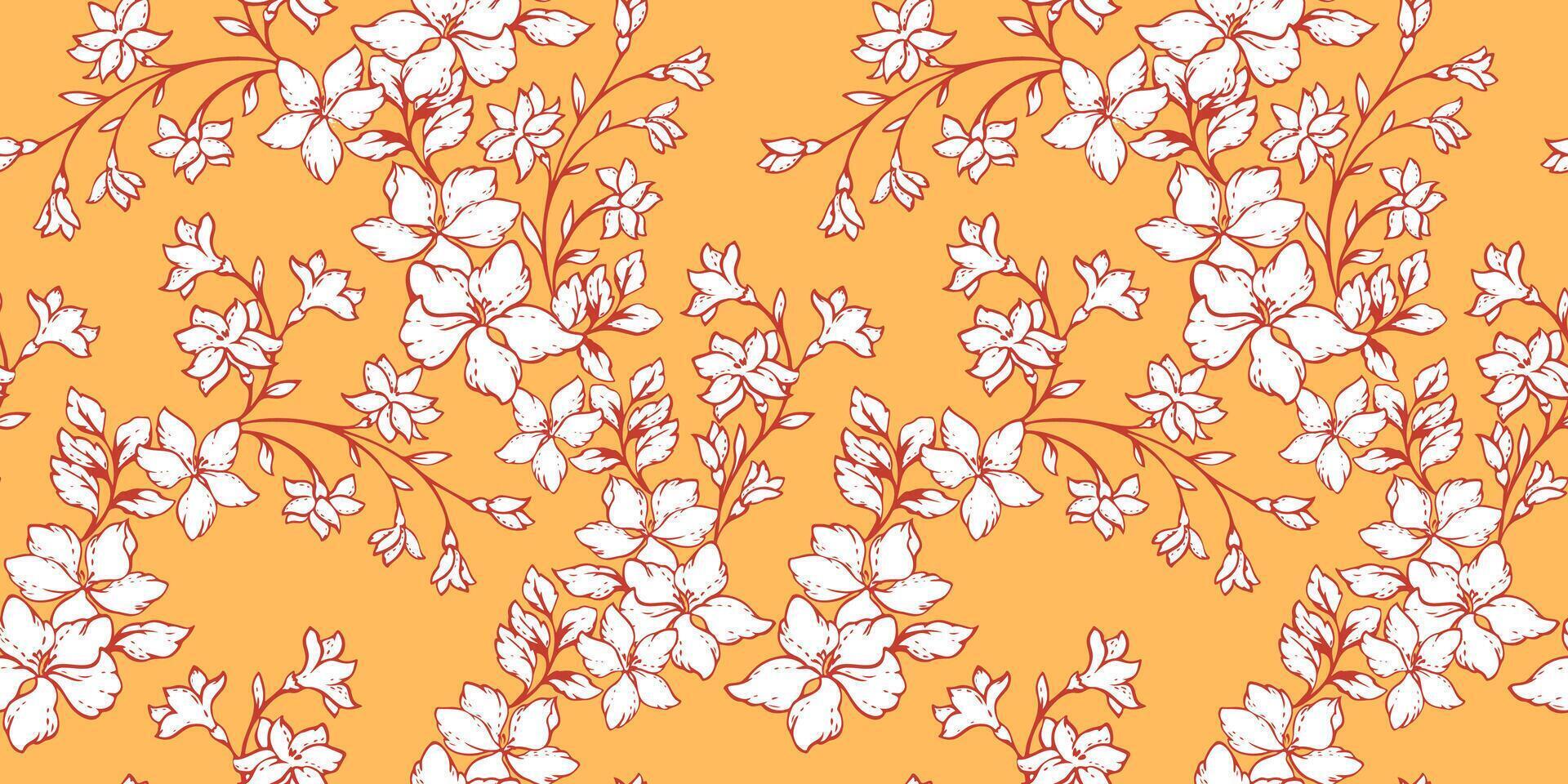 Art abstract branches  wild flowers in a intertwined seamless pattern. Vector hand drawn sketch silhouettes. Blooming spring or summer meadow yellow background. Simple stylized lines floral printing