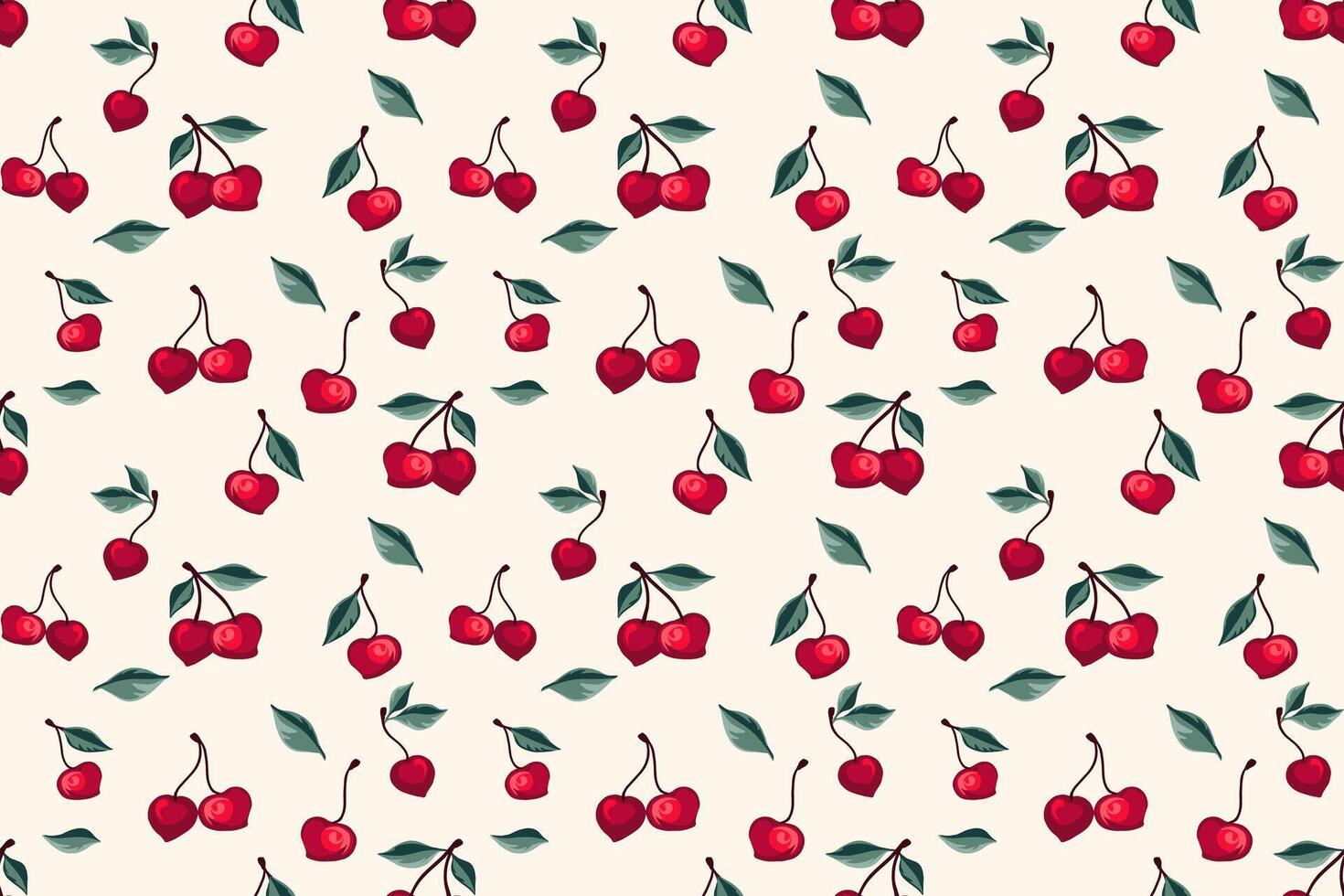 Seamless artistic stylized  creative cherries pattern. Summer berries, fruits, leaves on a light  background. Vector hand drawn sketch abstract, simple cherry. Design ornament for fabric, textile