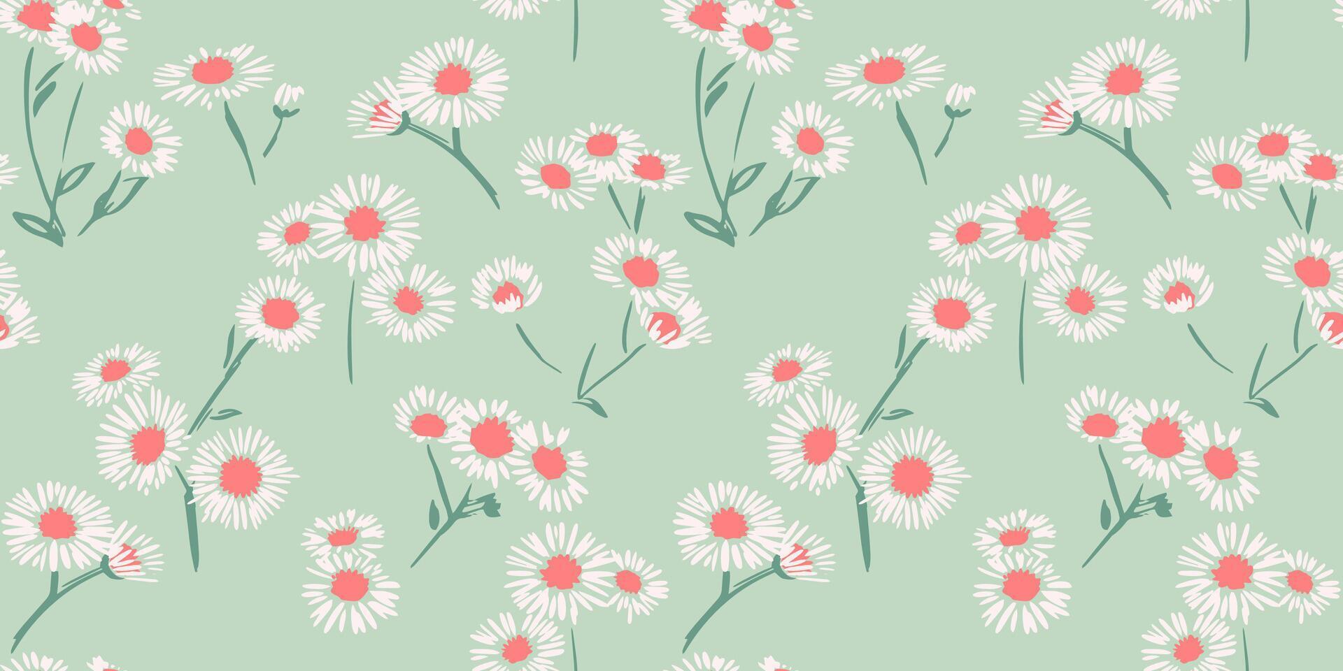 Seamless pattern with simple abstract artistic flowers chamomiles. Cute tiny ditsy branches floral mint print. Vector hand drawn sketch. Design ornament for fabric, textile, fabric, children
