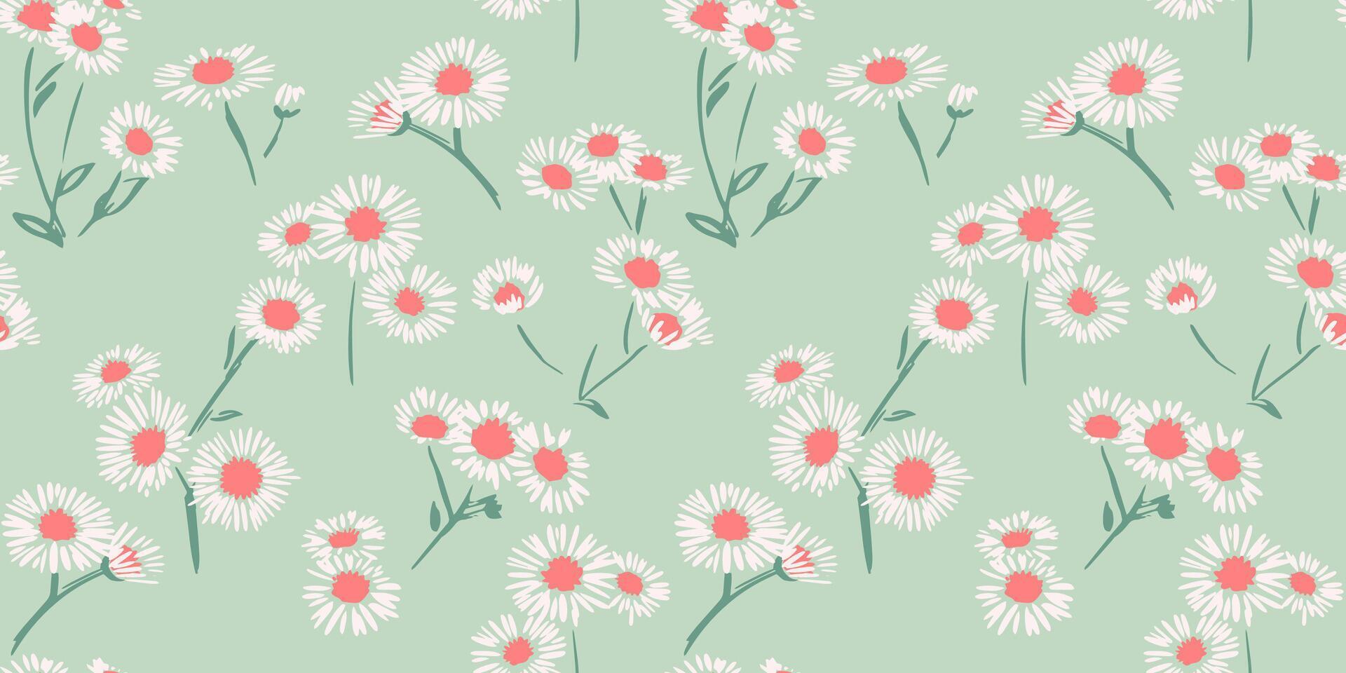 Seamless pattern with simple abstract artistic flowers chamomiles. Cute tiny ditsy branches floral mint print. Vector hand drawn sketch. Design ornament for fabric, textile, fabric, children